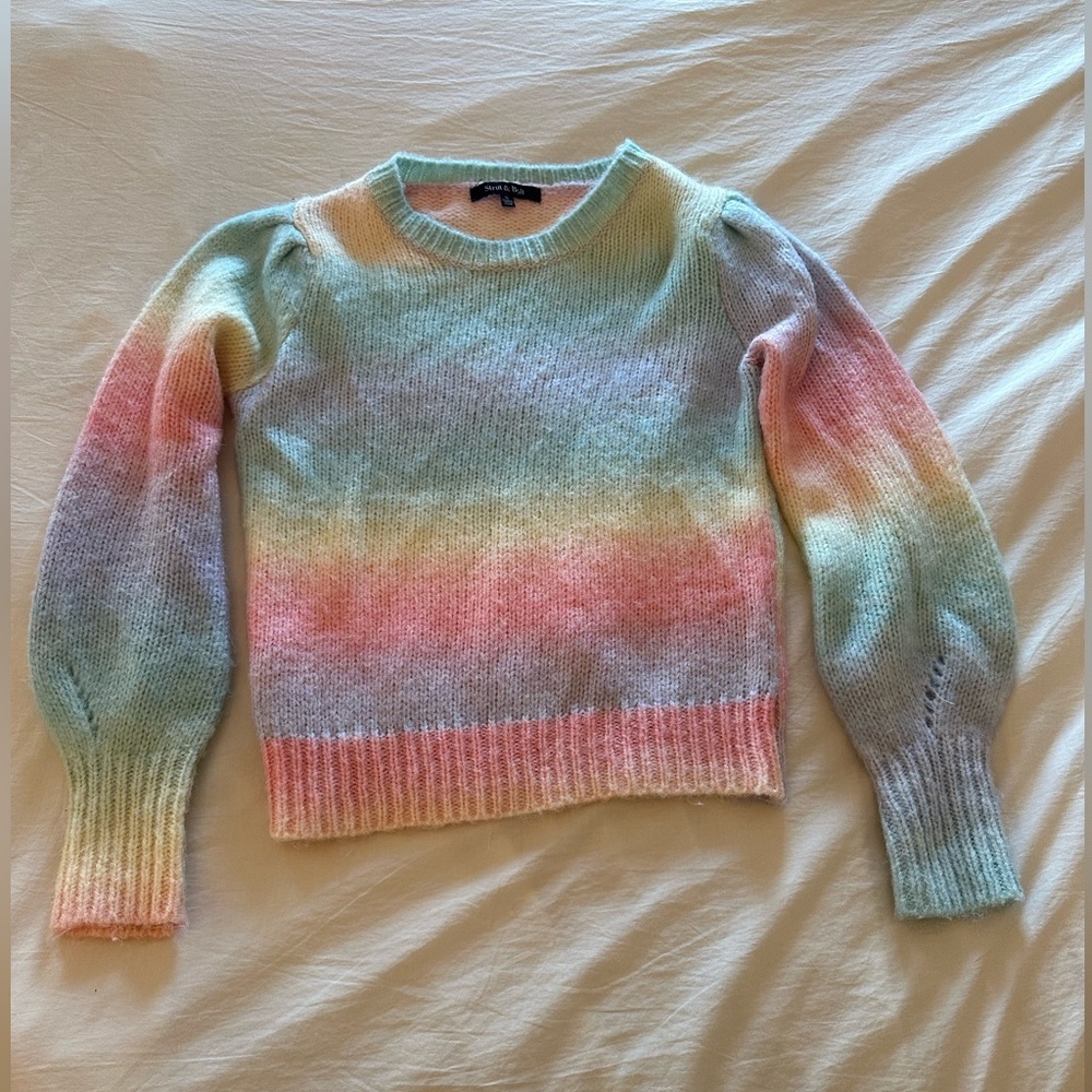 The Pants Store Pastel Rainbow Ombré Puff Sleeve Sweater